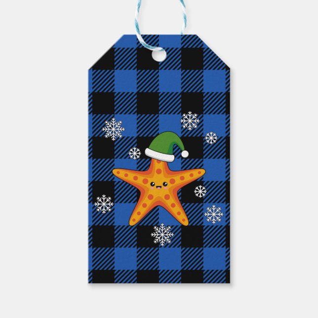 Kawaii Xmas Starfish auf Blue Buffalo Muster Geschenkanhänger (Vorderseite)