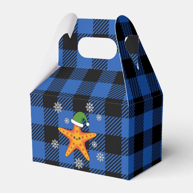 Kawaii Xmas Starfish auf Blue Buffalo Muster Geschenkschachtel (Vorderseite)