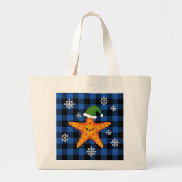 Kawaii Xmas Starfish auf Blue Buffalo Muster Jumbo Stoffbeutel