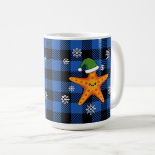 Kawaii Xmas Starfish auf Blue Buffalo Muster Kaffeetasse