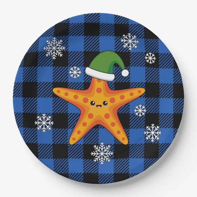 Kawaii Xmas Starfish auf Blue Buffalo Muster Pappteller (Vorderseite)