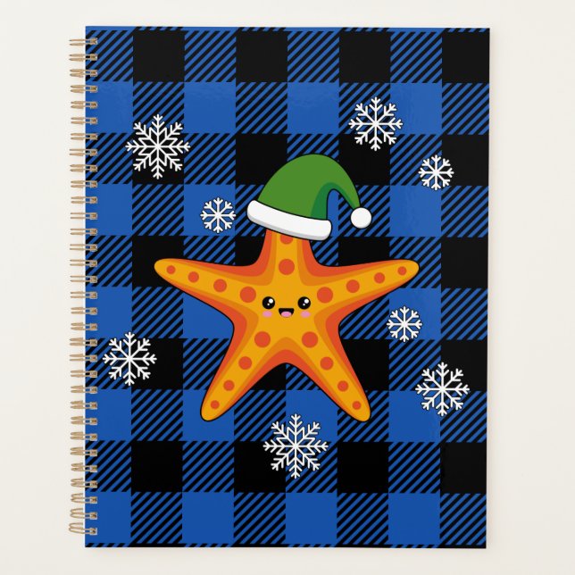 Kawaii Xmas Starfish auf Blue Buffalo Muster Planer (Vorderseite)