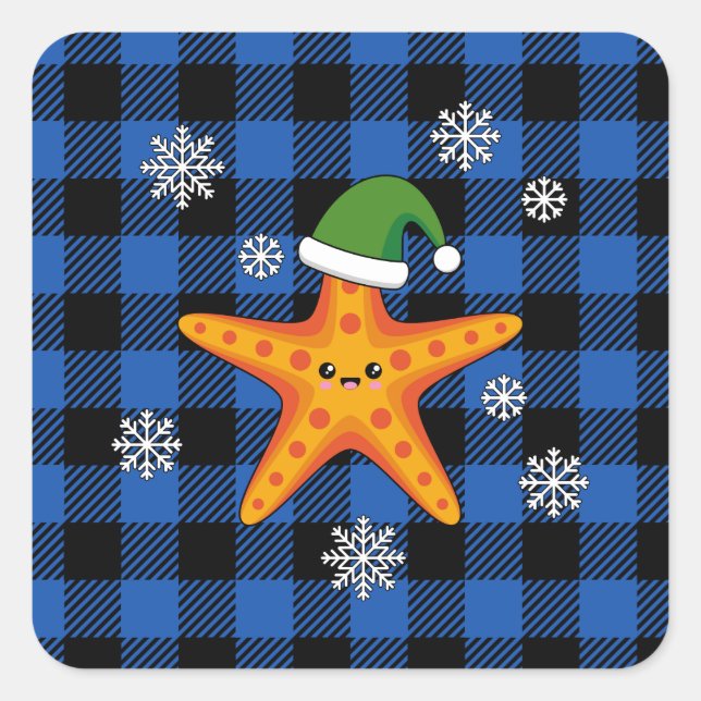 Kawaii Xmas Starfish auf Blue Buffalo Muster Quadratischer Aufkleber (Vorderseite)