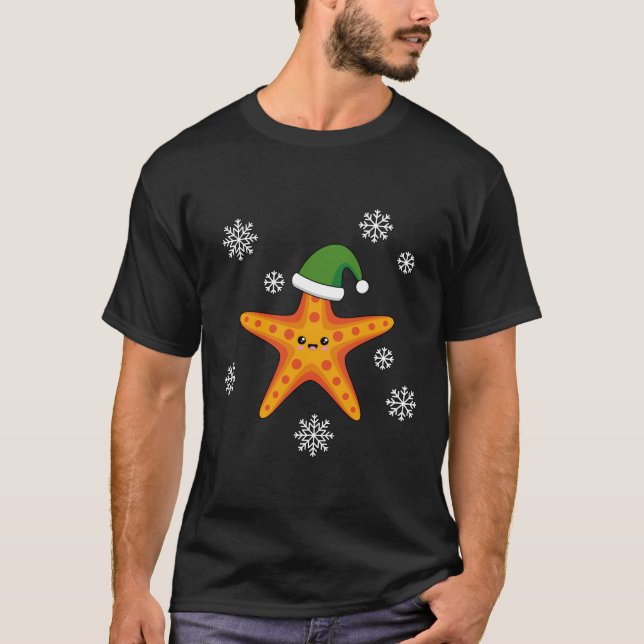 Kawaii Xmas Starfish auf Blue Buffalo Muster T-Shirt (Vorderseite)