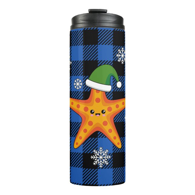 Kawaii Xmas Starfish auf Blue Buffalo Muster Thermosbecher (Vorderseite)