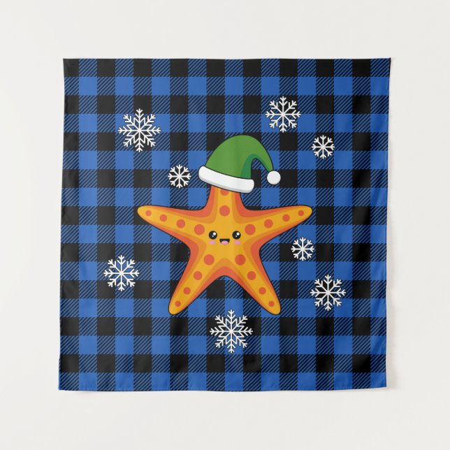 Kawaii Xmas Starfish auf Blue Buffalo Muster Wandteppich (Vorderseite)