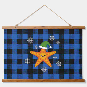 Kawaii Xmas Starfish auf Blue Buffalo Muster Wandteppich Mit Holzrahmen