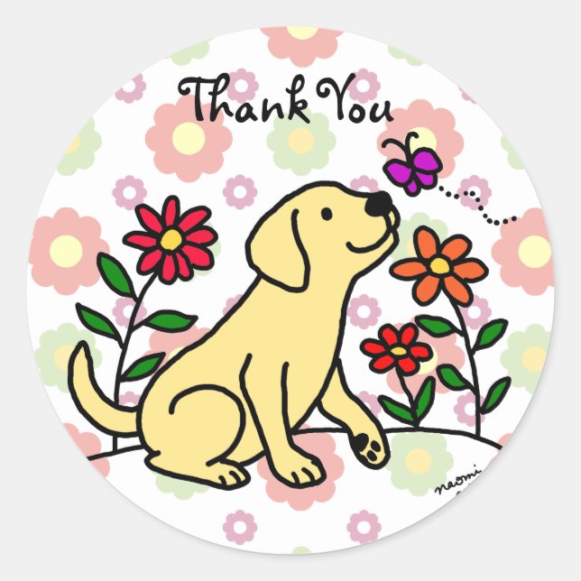 Kawaii Yellow Labrador Cartoon Floral Runder Aufkleber (Vorderseite)