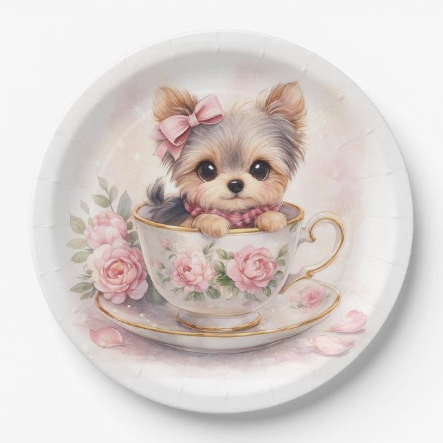 Kawaii Yorkie Teacup Birthday Paper Plates Pappteller (Vorderseite)
