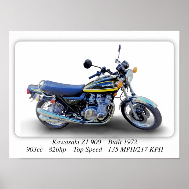 Kawasaki Z1 900 Motorrad - A3 Großformat Druckplak Poster (Vorne)