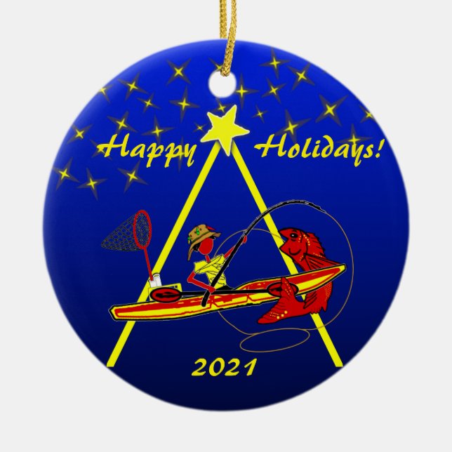 Kayak Angeln Happy Holidays Keramik Ornament (Vorne)