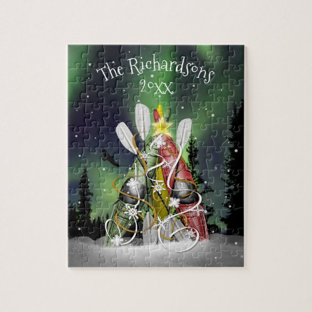 Kayak Christmas Tree Aurora Borealis Familienname Puzzle (Vertikal)