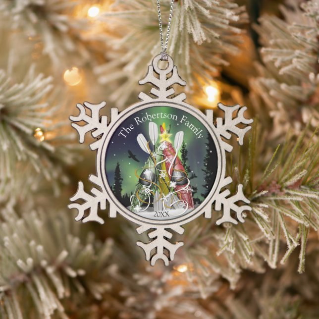 Kayak Christmas Tree Aurora Borealis Schneeflocken Zinn-Ornament (Baum)