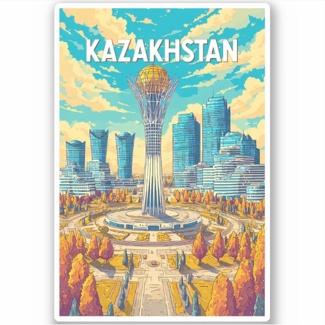 Kazakhstan Illustration Travel Art Vintage Aufkleber (Vorderseite)