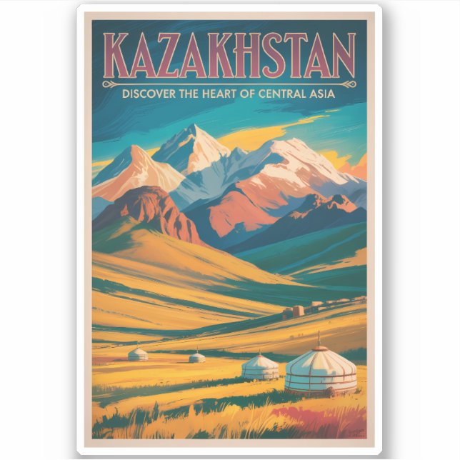 Kazakhstan Steppes Illustration Travel Art Vintage Aufkleber (Vorderseite)