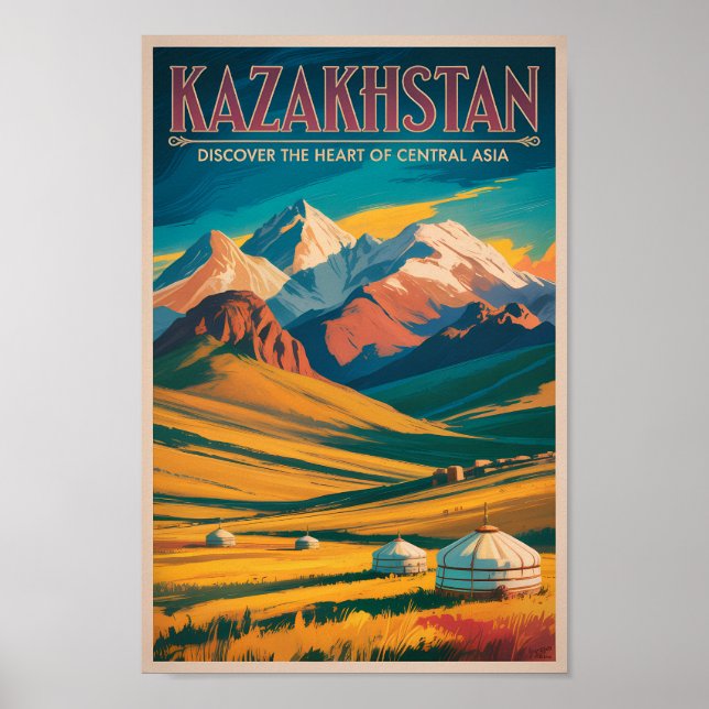 Kazakhstan Steppes Illustration Travel Art Vintage Poster (Vorne)