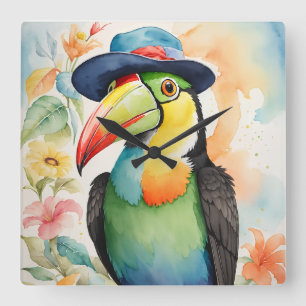Keel-billed Toucan in Fedora Hat Quadratische Wanduhr
