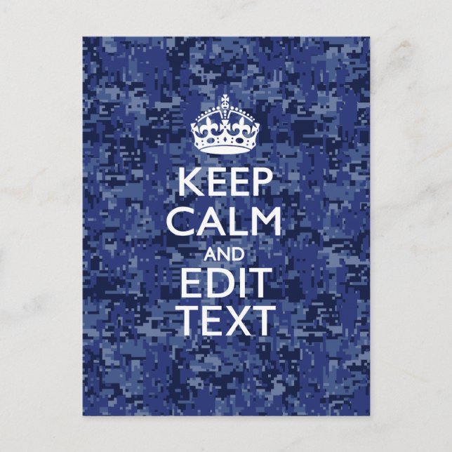 Keep Calm Your Text on Blue Digital Tarnung Postkarte (Vorderseite)