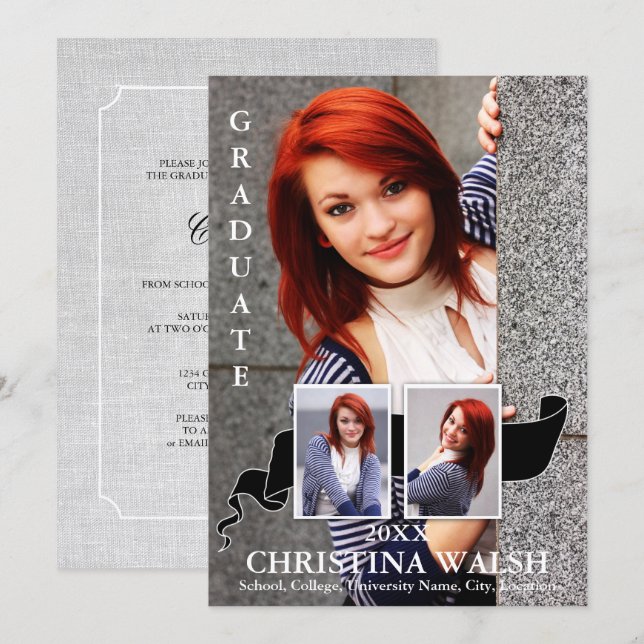 Keepake 3 Foto Black Ribbon Abschluss Einladung (Vorne/Hinten)