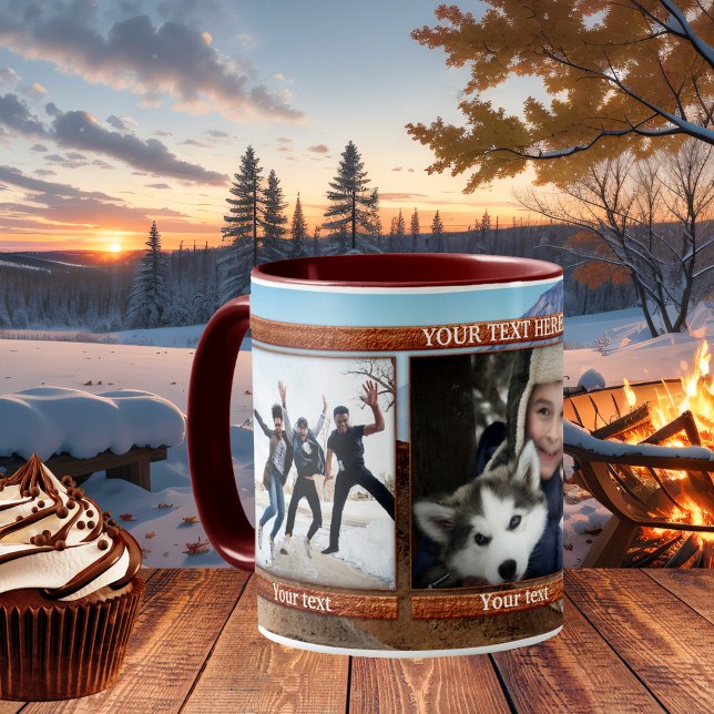 Keepake 3 Fotos Winter Berg personalisierte Mug Tasse (Personalized photo mug featuring 3 of your own favorite photos on a mountain image background)