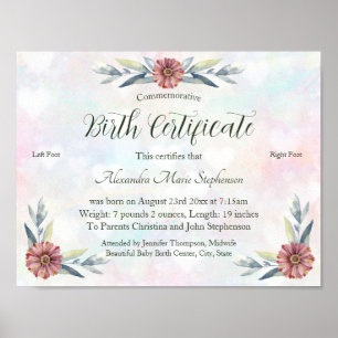 Keepake Baby Girl Footprint Geburtszertifikat Poster