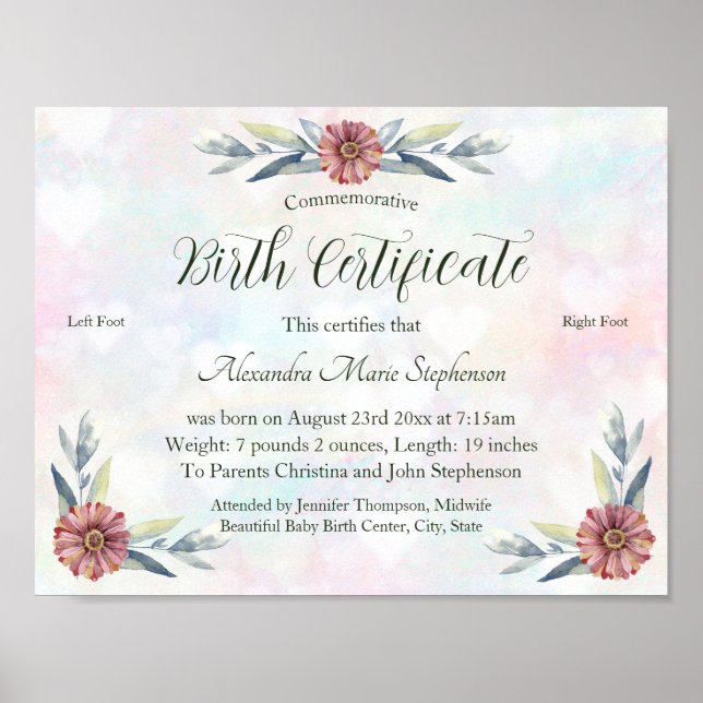 Keepake Baby Girl Footprint Geburtszertifikat Poster (Vorne)