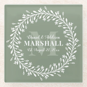 Keepake Newlyly Couple Green Wreath Monogram Glasuntersetzer