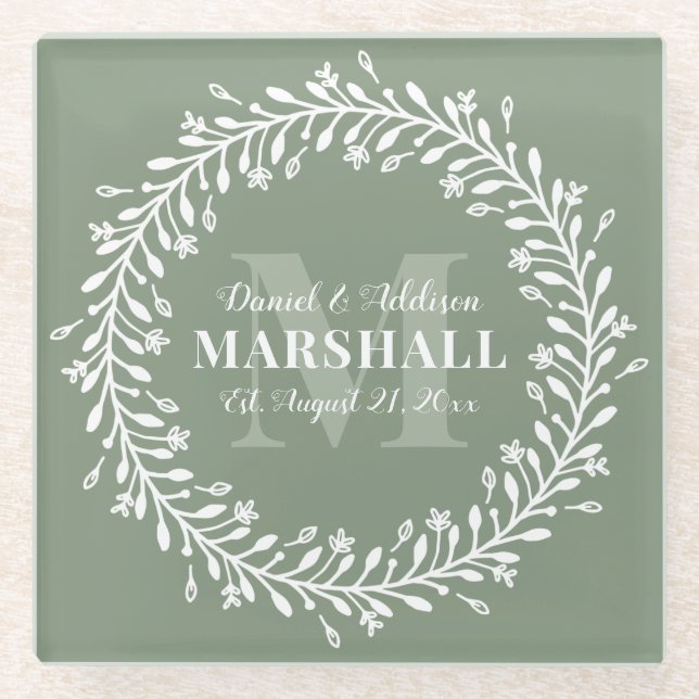 Keepake Newlyly Couple Green Wreath Monogram Glasuntersetzer (Vorderseite)