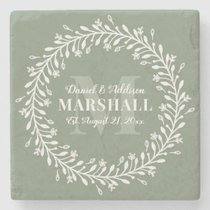 Keepake Newlyly Couple Green Wreath Monogram Steinuntersetzer