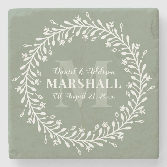 Keepake Newlyly Couple Green Wreath Monogram Steinuntersetzer (Vorderseite)