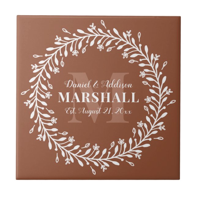 Keepake Newlyly Couple Orange Wreath Monogram Fliese (Vorderseite)