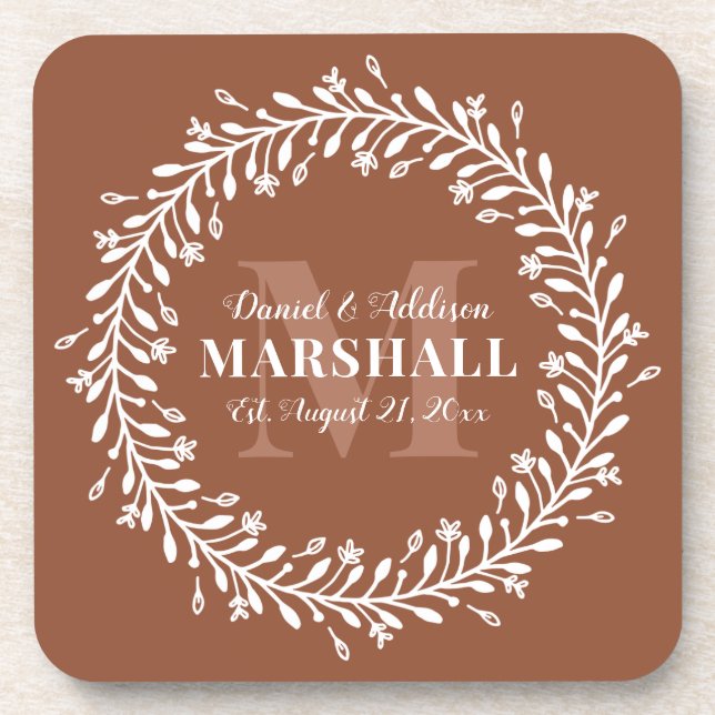 Keepake Newlyly Couple Orange Wreath Monogram Getränkeuntersetzer (Vorderseite)