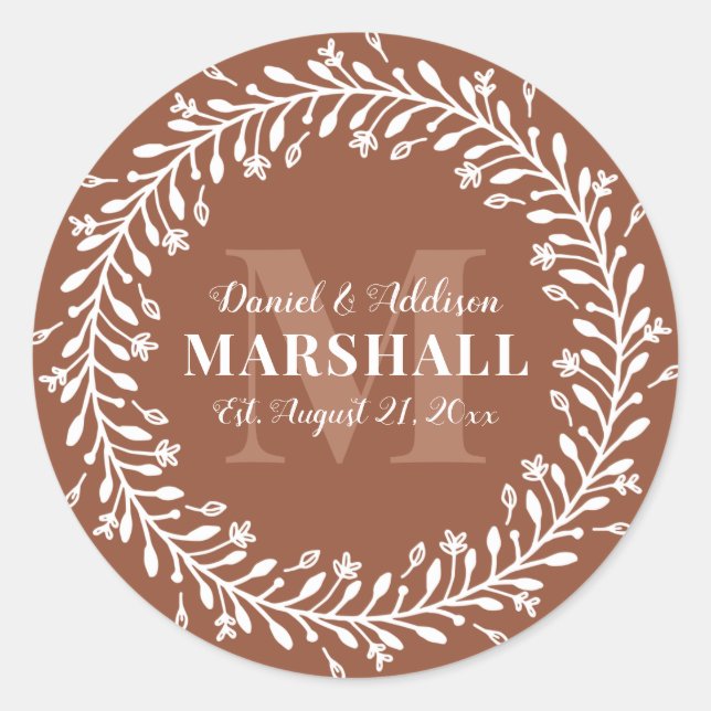 Keepake Newlyly Couple Orange Wreath Monogram Runder Aufkleber (Vorderseite)