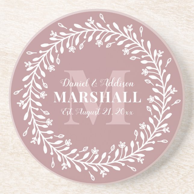 Keepake Newlyly Couple Pink Wreath Monogram Getränkeuntersetzer (Vorne)