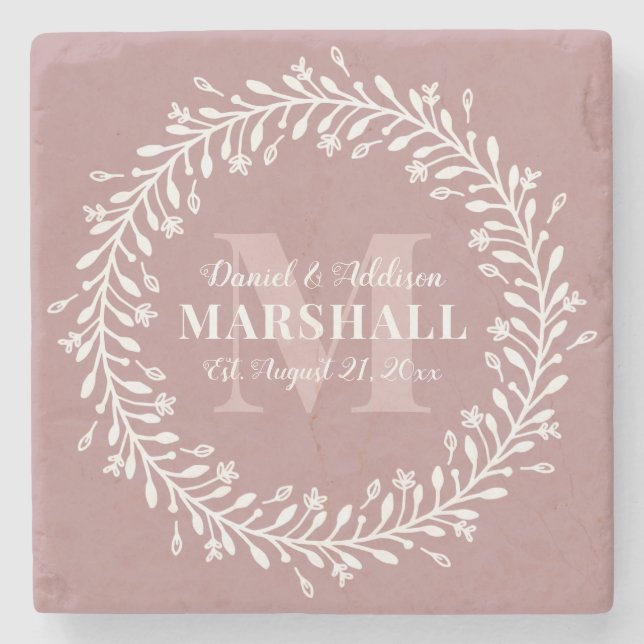 Keepake Newlyly Couple Pink Wreath Monogram Name Steinuntersetzer (Vorderseite)