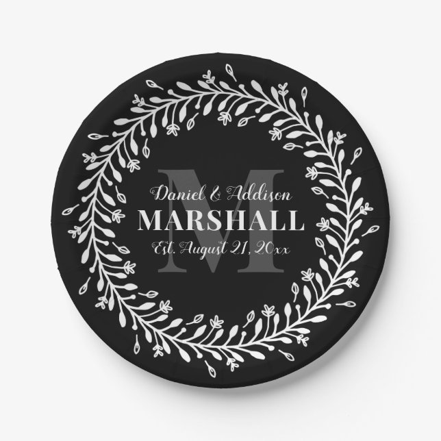Keepake Newlyly Couple Wreath Monogram Name Pappteller (Vorderseite)