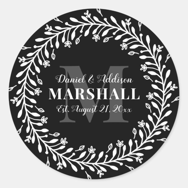 Keepake Newlyly Couple Wreath Monogram Name Runder Aufkleber (Vorderseite)