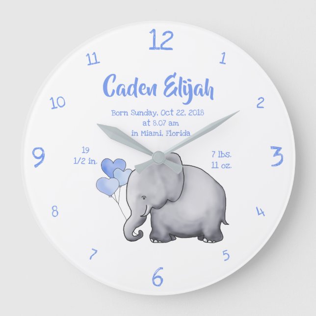 Keepsake Baby Boy Birth Stat Elephant Nursery Große Wanduhr (Vorderseite)