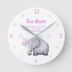 Keepsake Baby Girl Birth Stats Elephant Nursery Runde Wanduhr