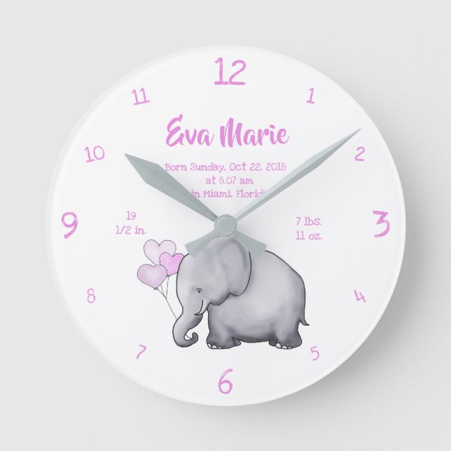 Keepsake Baby Girl Birth Stats Elephant Nursery Runde Wanduhr (Vorderseite)
