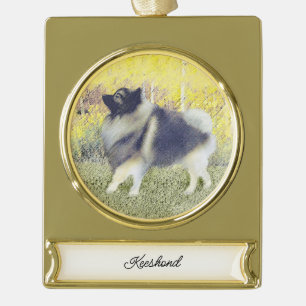 Keeshond Aspen Painting - Niedliche Originalkunst Banner-Ornament Gold