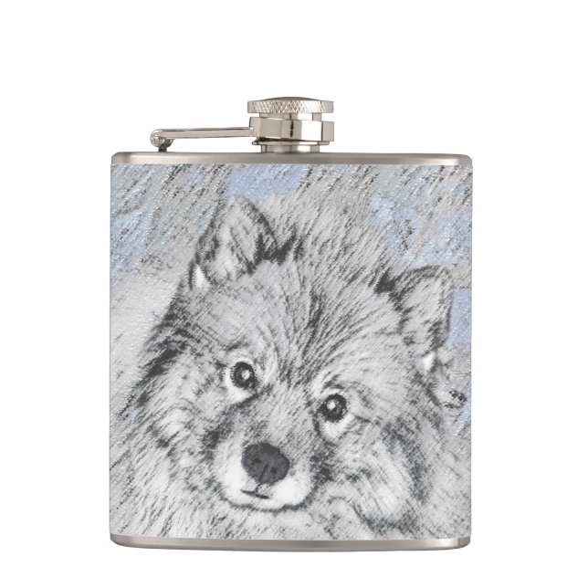 Keeshond Beth Painting - Niedliche Originalkunst d Flachmann (Vorderseite)