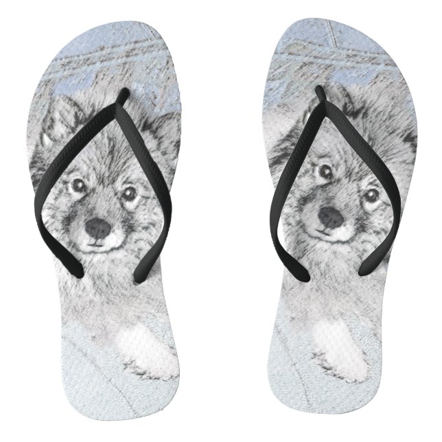 Keeshond Beth Painting - Niedliche Originalkunst d Flip Flops (Fußbett)