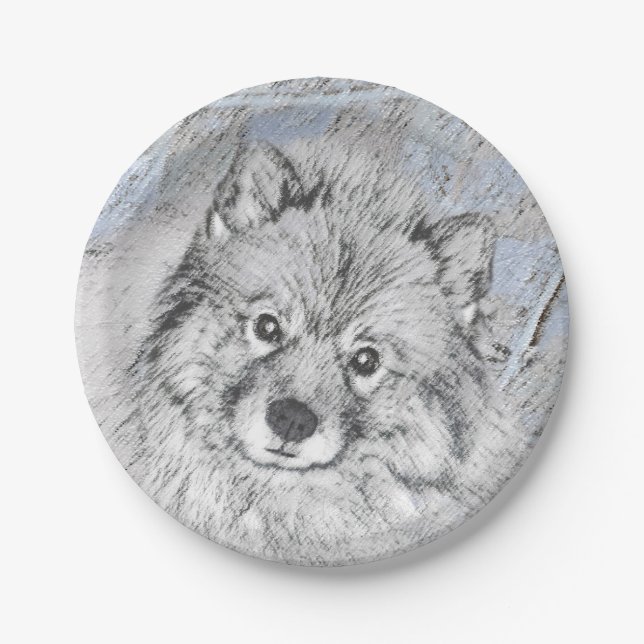 Keeshond Beth Painting - Niedliche Originalkunst d Pappteller (Vorderseite)