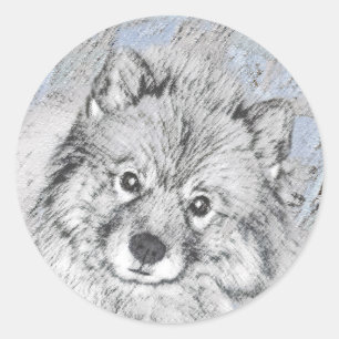 Keeshond Beth Painting - Niedliche Originalkunst d Runder Aufkleber