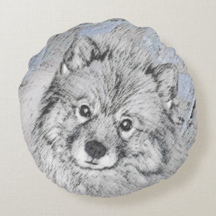 Keeshond Beth Painting - Niedliche Originalkunst d Rundes Kissen
