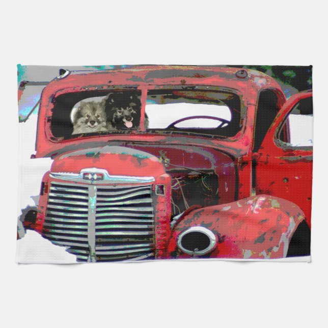Keeshond Christmas Old Truck Malerei Hund Art Geschirrtuch (Horizontal)