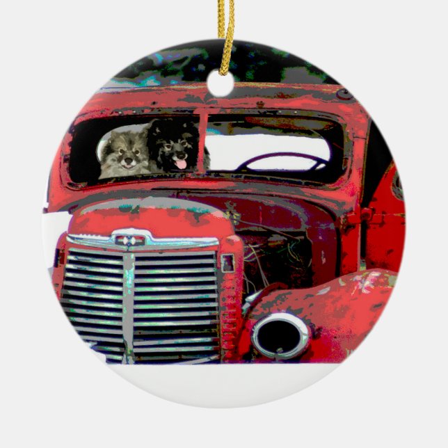 Keeshond Christmas Old Truck Malerei Hund Art Keramik Ornament (Vorne)
