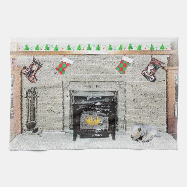 Keeshond Christmas Puppy Dog von Fireplace Paintin Geschirrtuch (Horizontal)