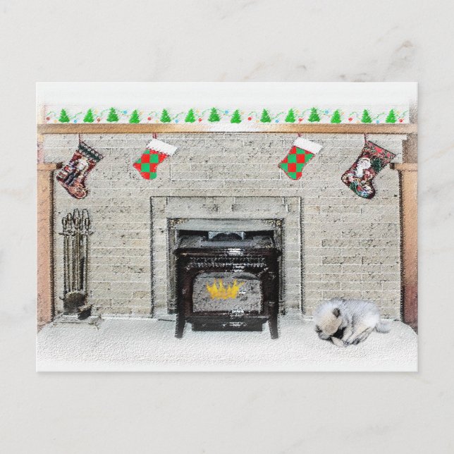 Keeshond Christmas Puppy Dog von Fireplace Paintin Postkarte (Vorderseite)